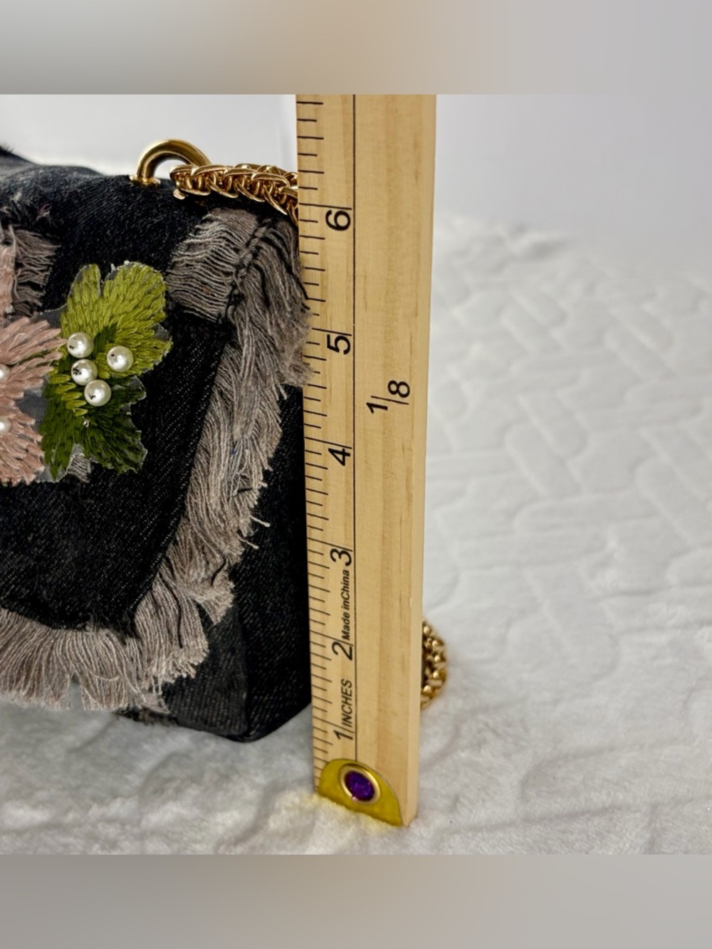 Distressed Y2K Boho inspired black Denim bag with pink 3D embroidered flower - Picture 7 of 10